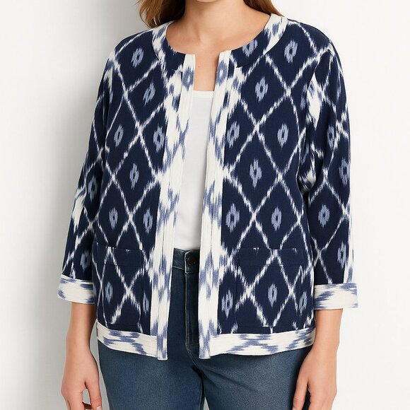 Chico’s 100% Cotton Ikat Print Open Jacket Size 3 (XL) – Blue White Lightweight - Picture 1 of 7